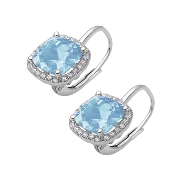 Halo Cushion Leverback Earrings Simulated Aquamarine CZ 925 Sterling Silver